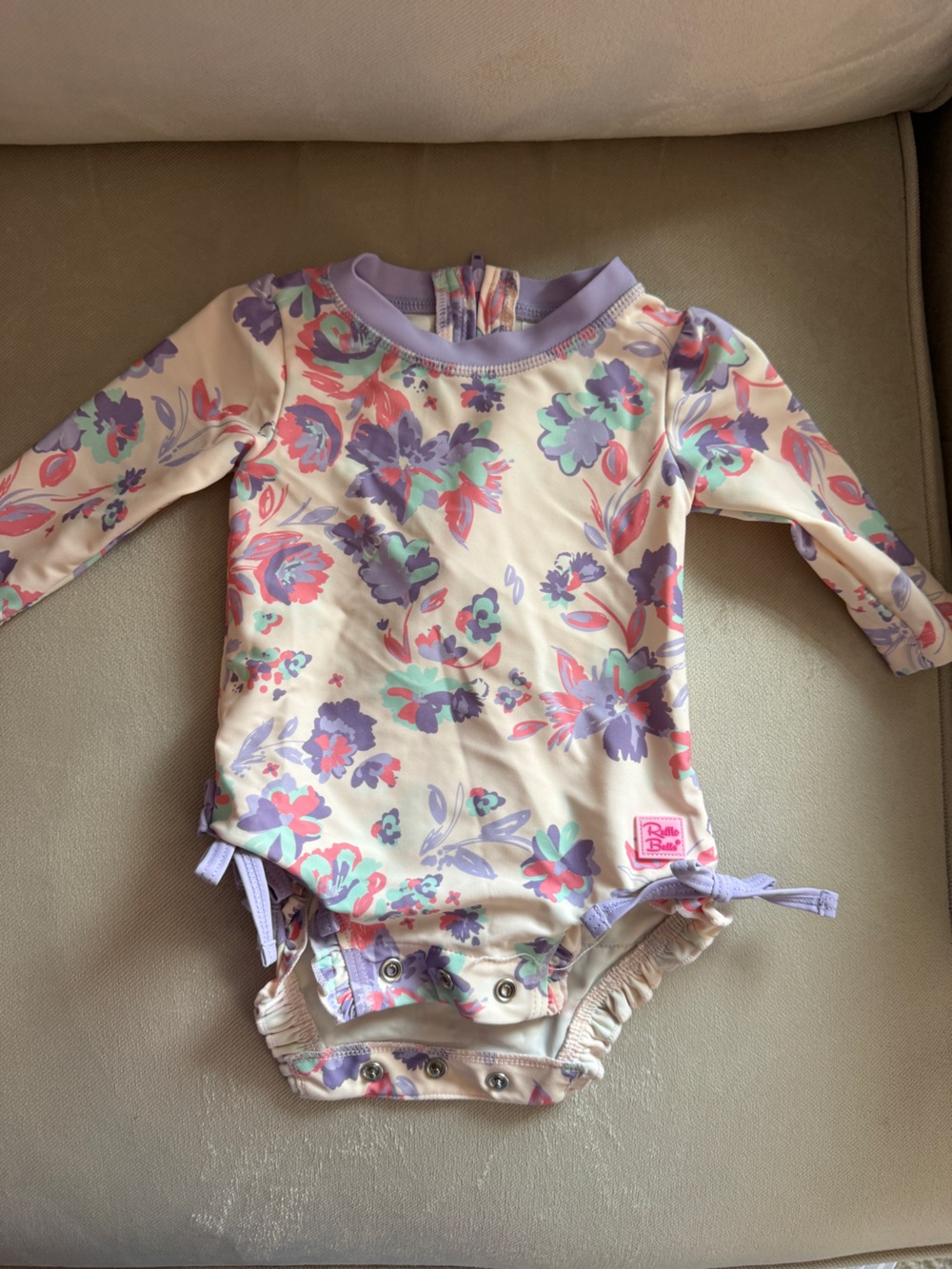Ruffle Butts Cream Long-Sleeve Swim Top with Purple, Pink & Aqua Floral